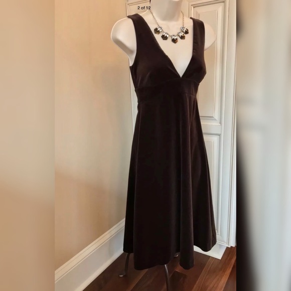 J Crew Chocolate Velvet V Neck Fit & Flare Dress - Picture 2 of 8
